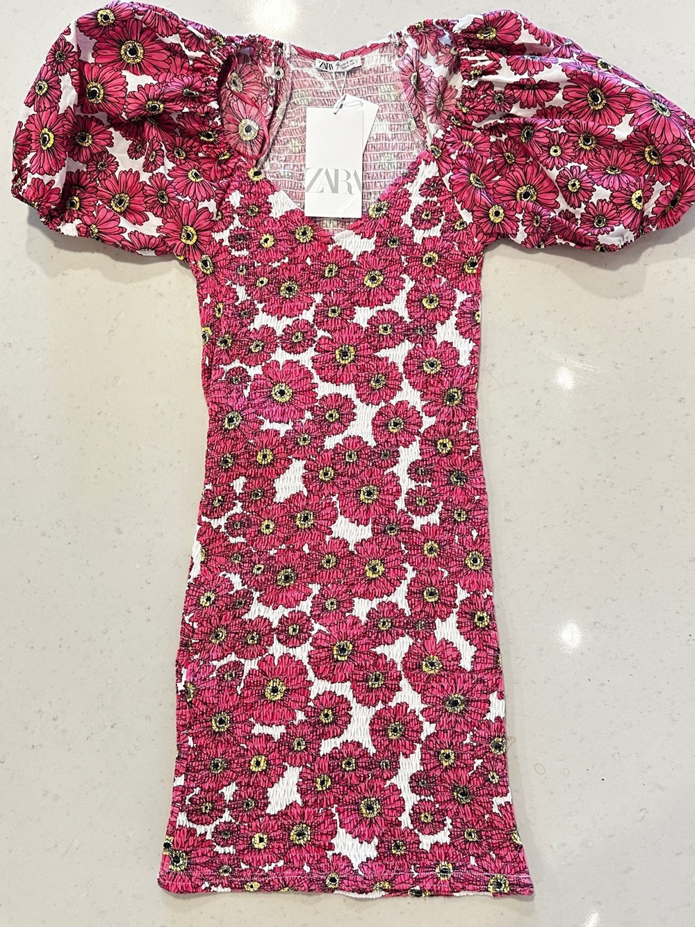 NWT Zara Pink Floral Puff Sleeve Mini Dress Small Bodycon Sweetheart Neck Viral